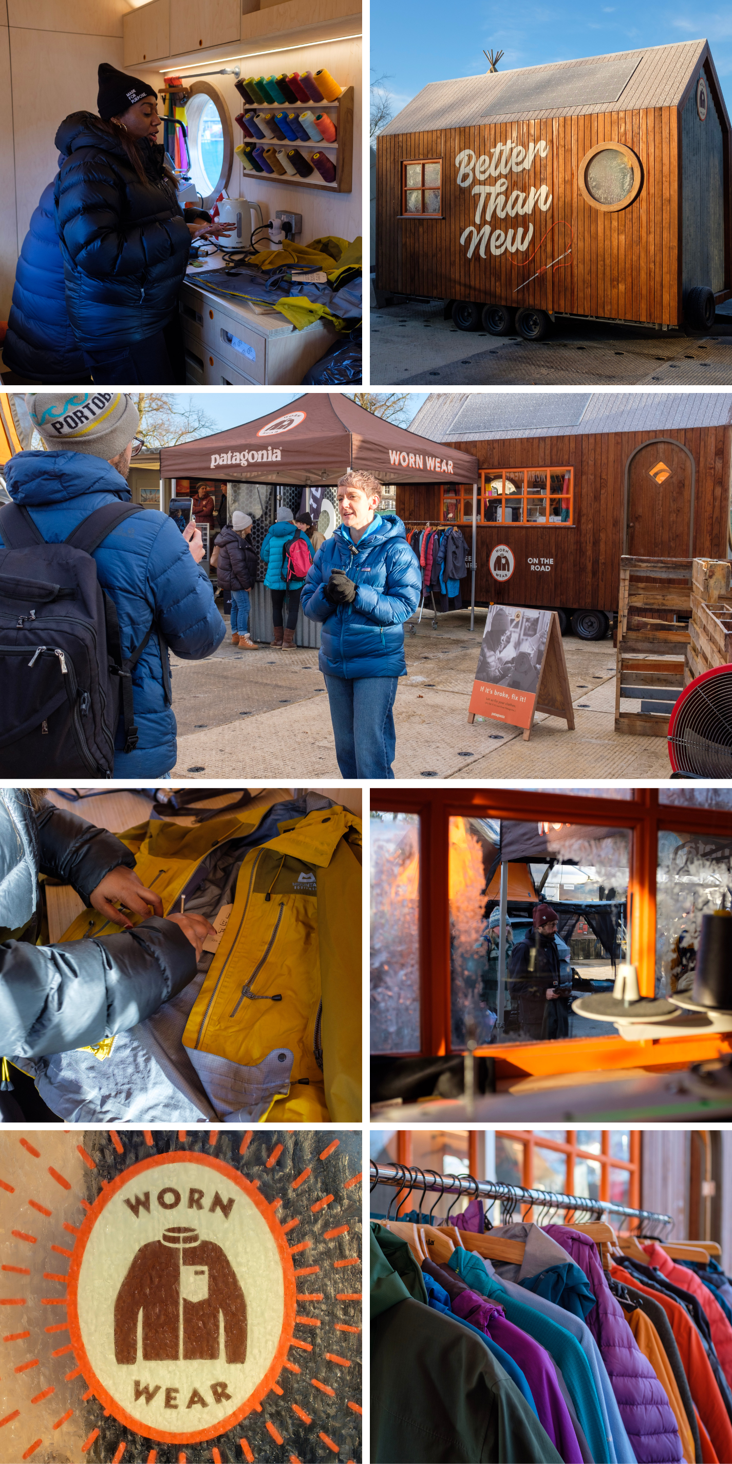 A collage of pictures of Patagonia's Worn Wear trailer at Kendal Mountain Festival