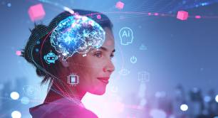 Businesswoman portrait silhouette and digital hologram with AI brain and chat bot icons, artificial intelligence and blockchain. Concept of machine learning and technology