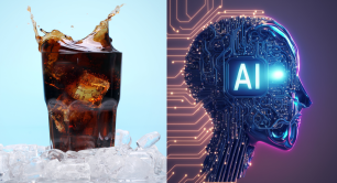 Montage showing a coca cola glass and a robot-looking head